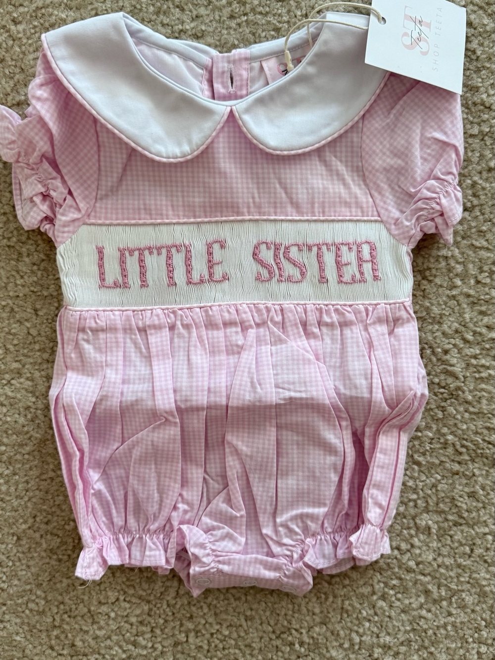 NWT NB Baby Girls Pink 'Little Sister' Smocked Bubble shop Teeta